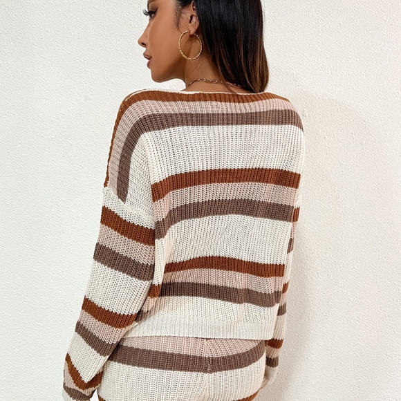 Cream Stripes Knit Oversized Sweater Shorts Set Lounge - Picture 4 of 4
